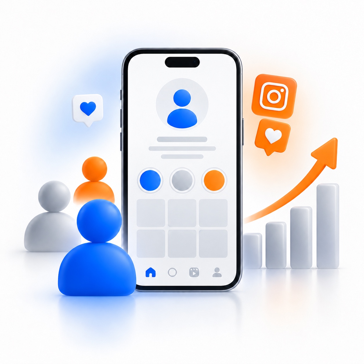 Instagram profile growth illustrated with followers, likes and an upward chart